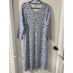 Lands End Womens 1X Blue Cotton Cafe Print Long Sleeve Nightgown Sleep Dress